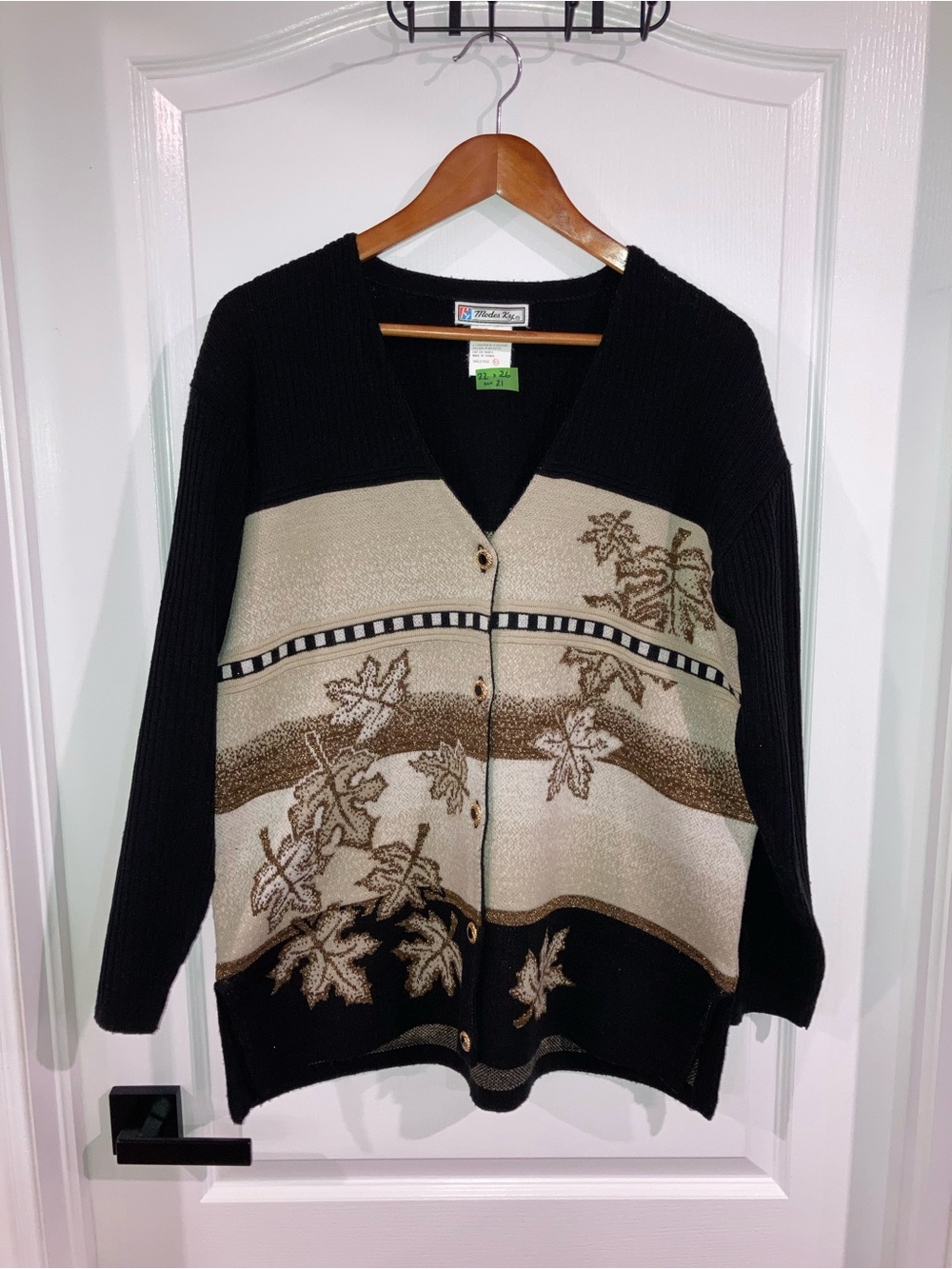 Vintage Black & Cream Metallic Leaves Knit Cardigan Modes Ky - size L